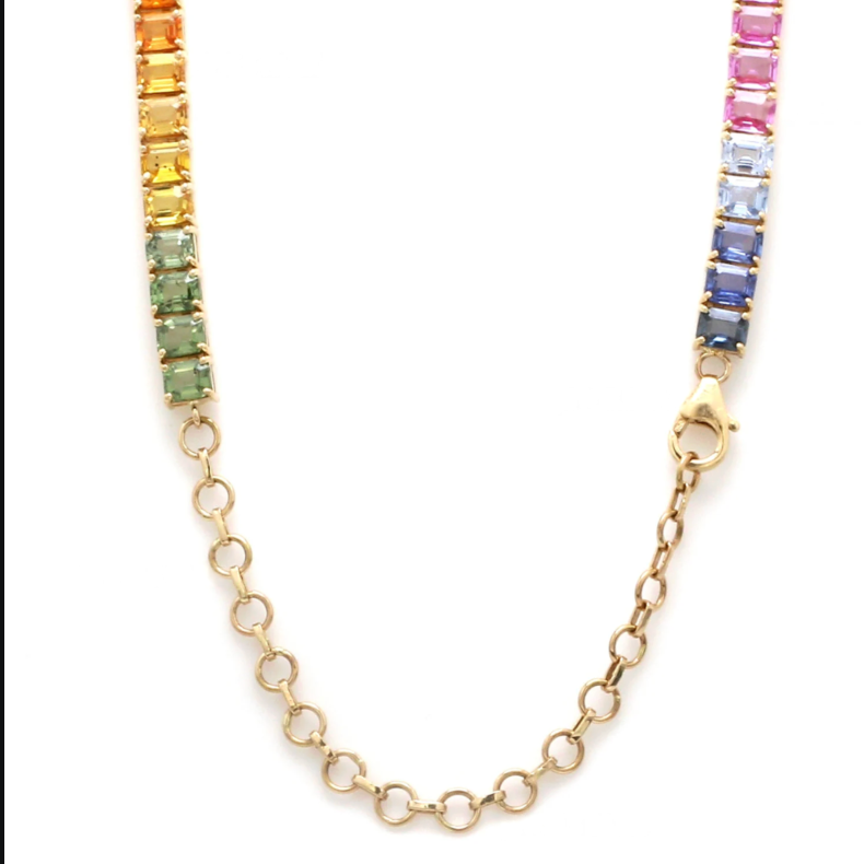 Rainbow sapphire vertical emerald cut tennis necklace | WOKE 🌈