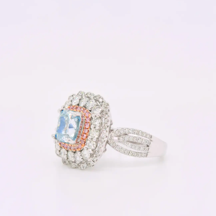 Blue Cushion and pink set ring | Moissanite on silver