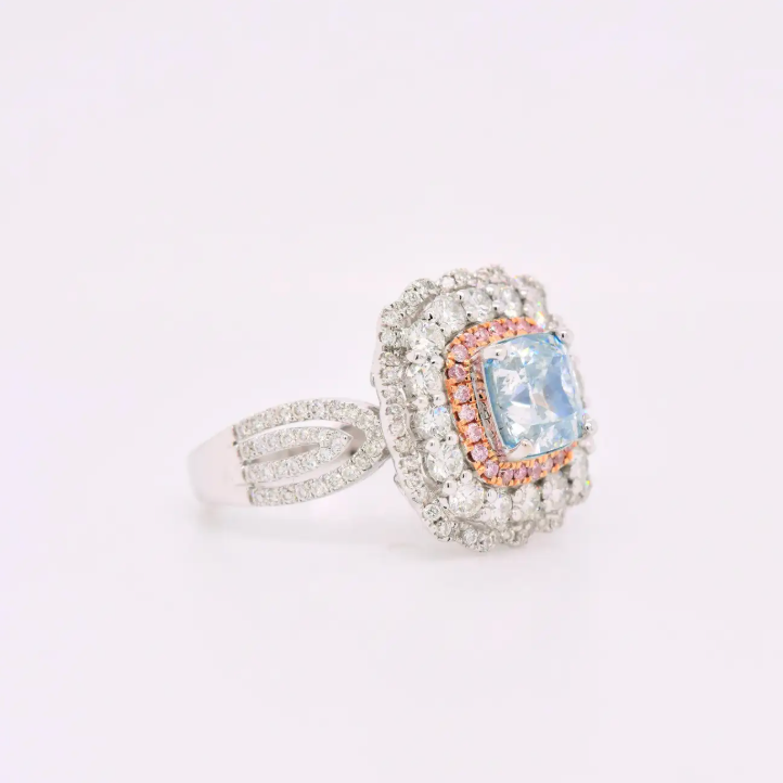 Blue Cushion and pink set ring | Moissanite on silver