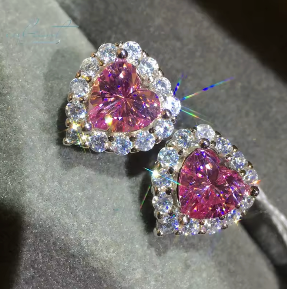Heart pink with moissanite sides studs | 925 silver