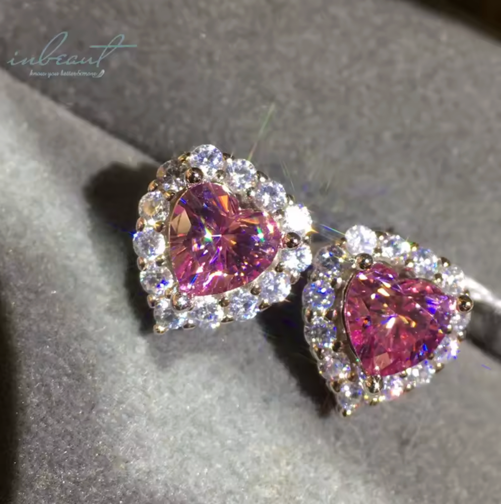 Heart pink with moissanite sides studs | 925 silver