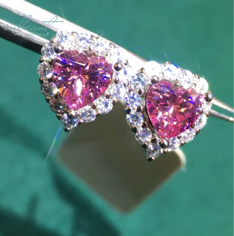 Heart pink with moissanite sides studs | 925 silver