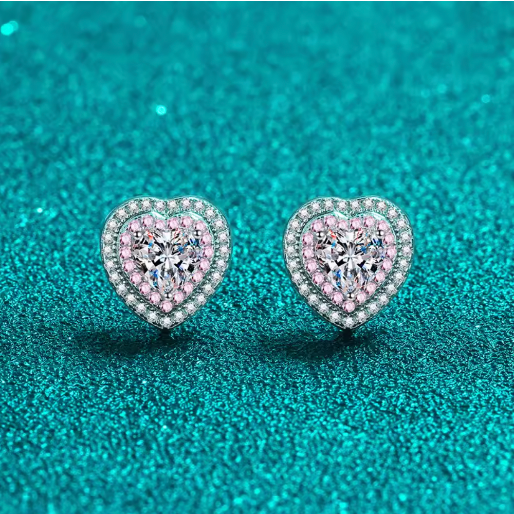 Heart pink with dual moissanite sides studs | 925 silver