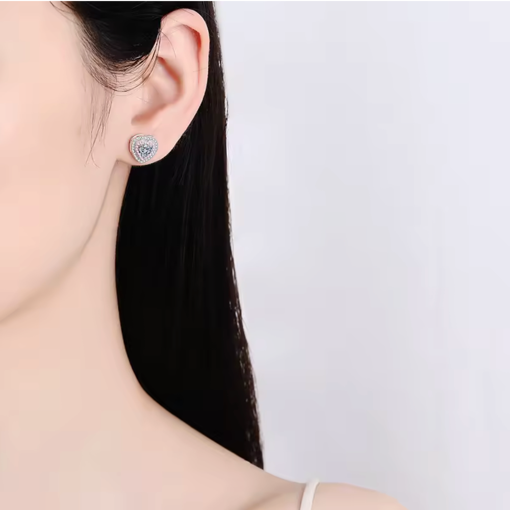 Heart pink with dual moissanite sides studs | 925 silver