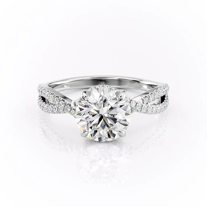 ROUND CUT MOISSANITE ENGAGEMENT RING, TWISTED STONE SET SHOULDERS| WOKE