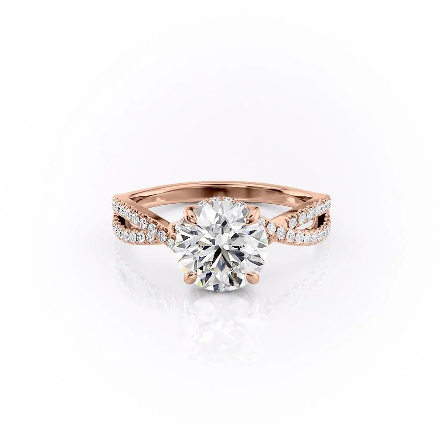 ROUND CUT MOISSANITE ENGAGEMENT RING, TWISTED STONE SET SHOULDERS| WOKE