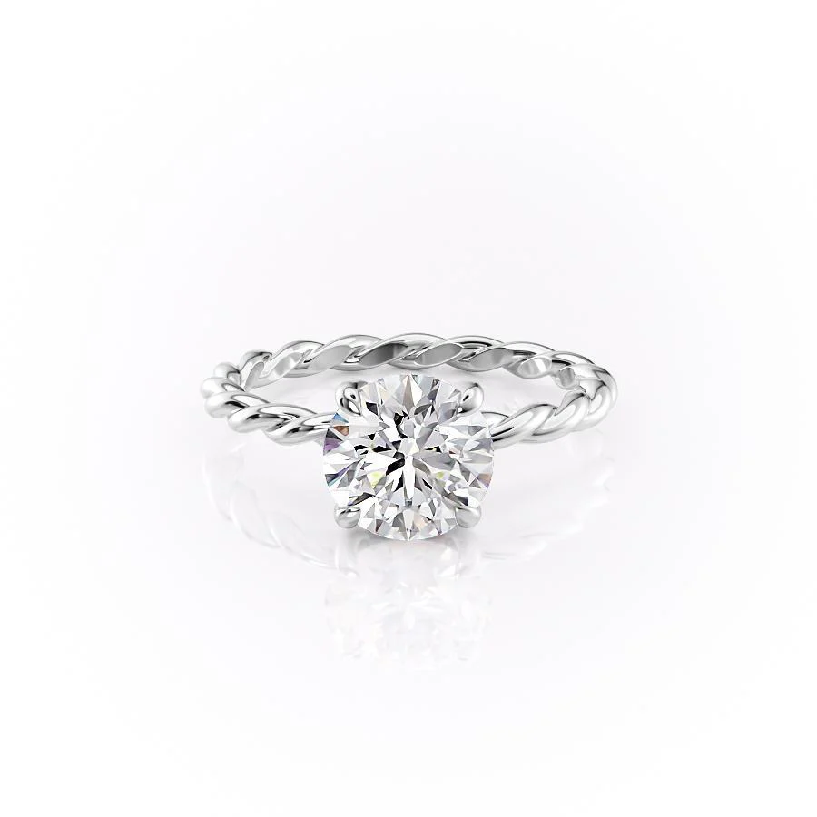 ROUND CUT MOISSANITE ENGAGEMENT RING, TWISTED BAND WITH HIDDEN HALO | WOKE