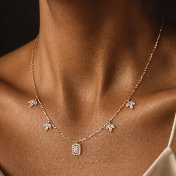 1.73 Marquise Round Baguette Moissanite Necklace in 9K Gold/925 Silver |WOKE