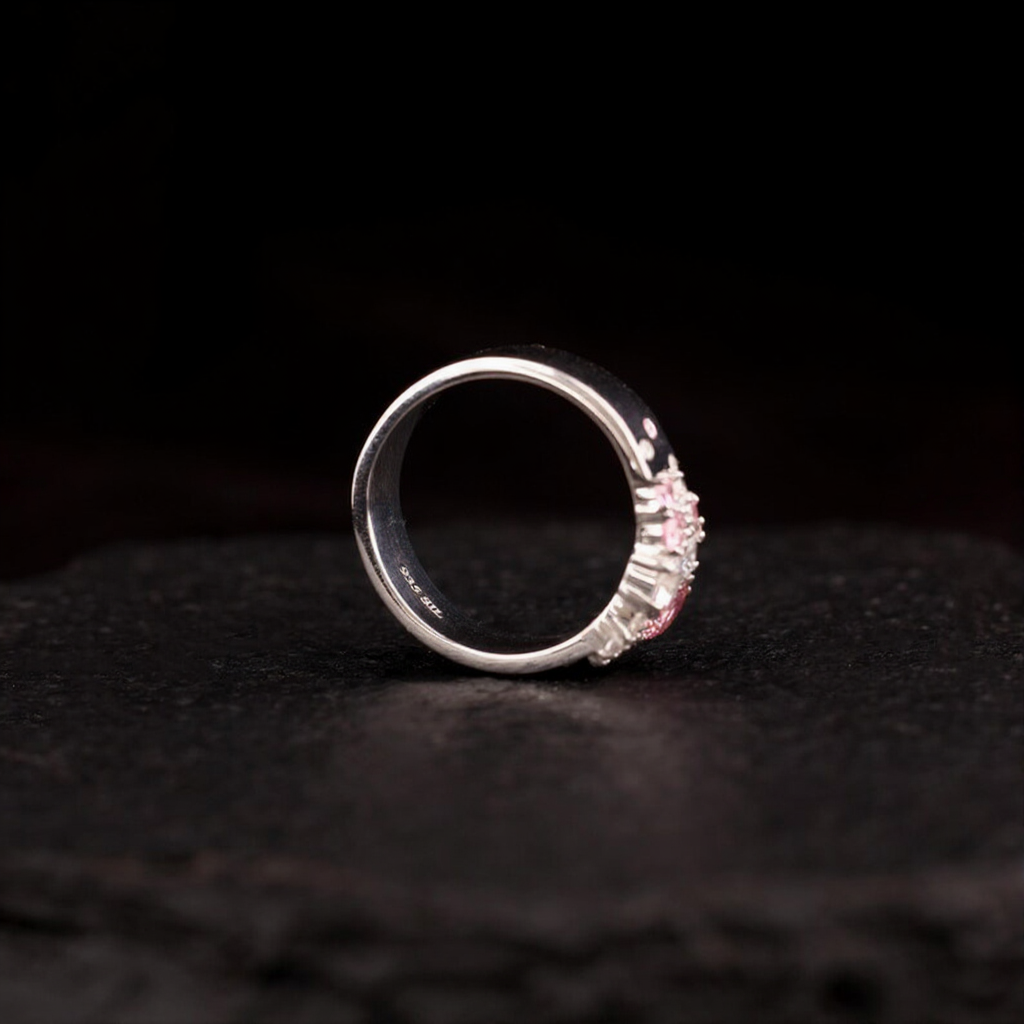 Antique Cluster Wedding Band, Pink Sapphire Round Engagement Ring, Scattered Stackable Band, Flush Set Wide Band| WOKE