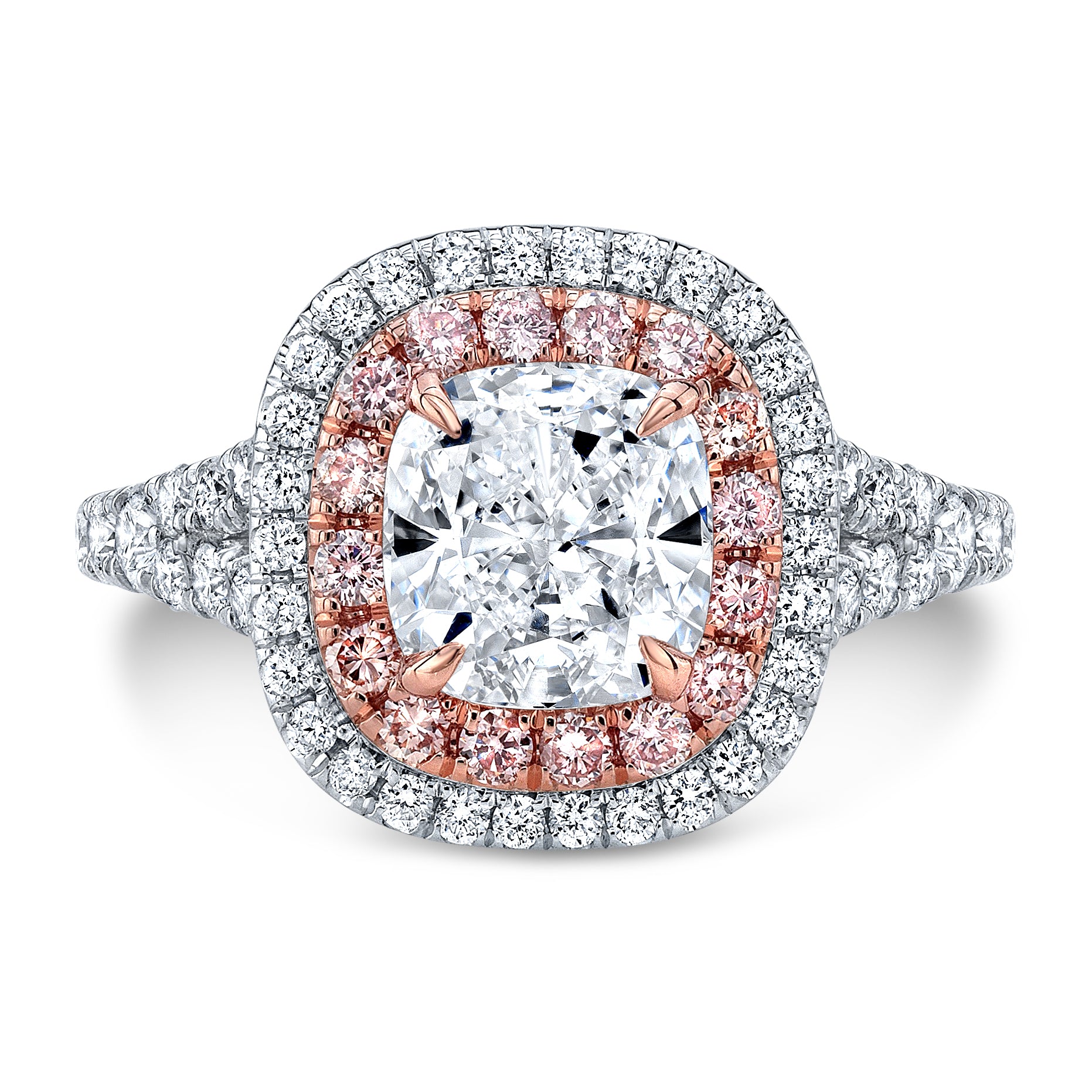 1.86 Ct. Cushion Cut moissanite Double Halo Split Shank W/ Fancy Pink moissanite Engagement Ring
