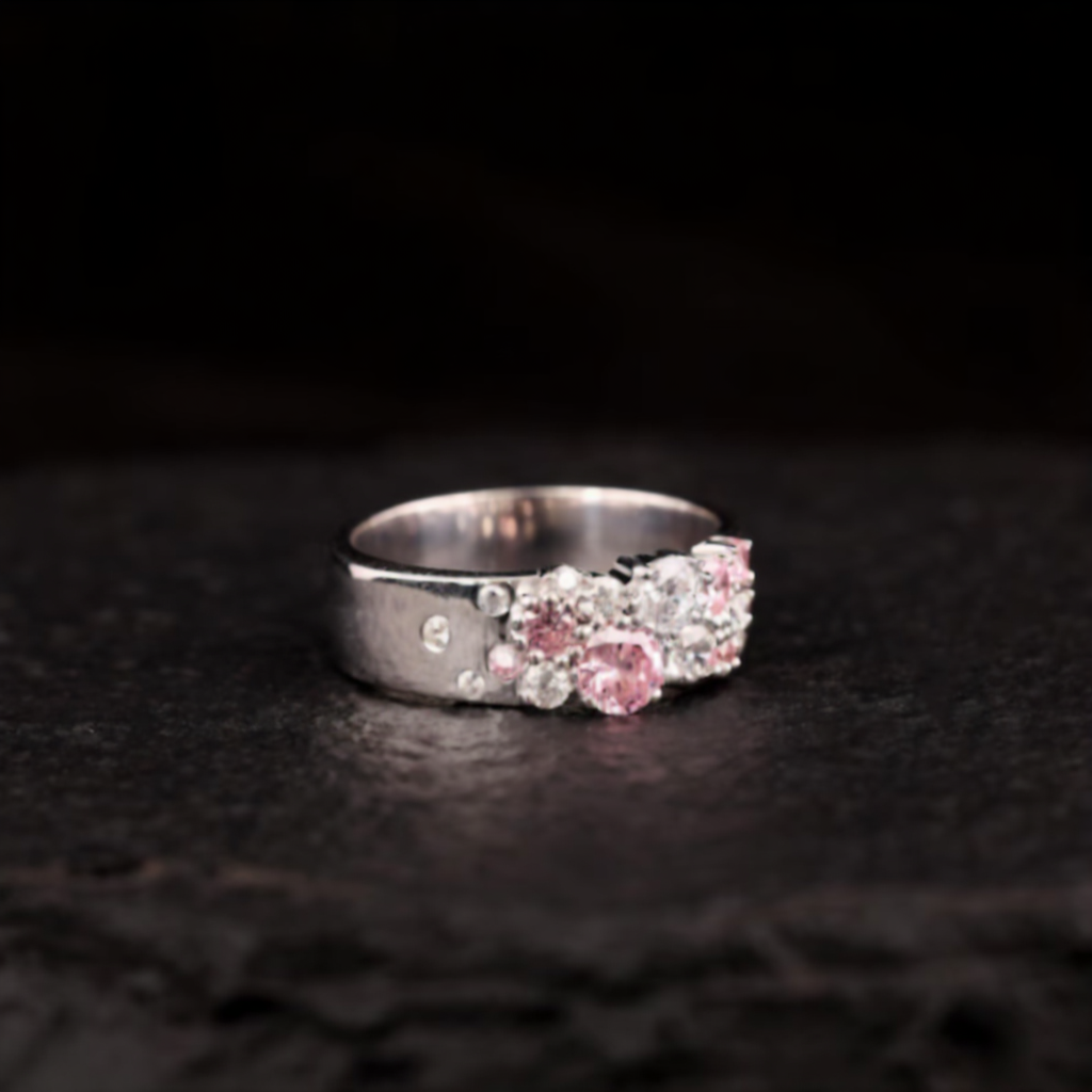 Antique Cluster Wedding Band, Pink Sapphire Round Engagement Ring, Scattered Stackable Band, Flush Set Wide Band| WOKE