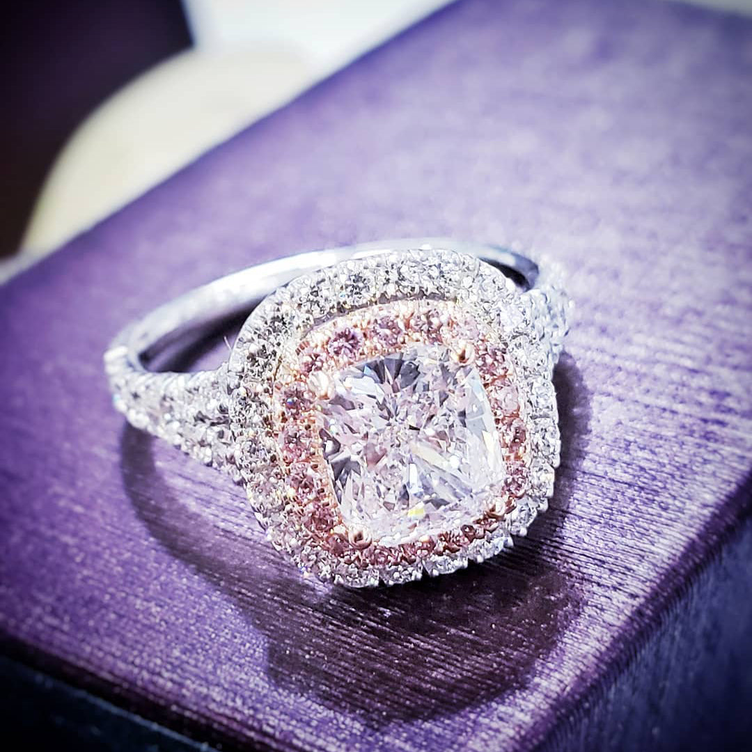 1.86 Ct. Cushion Cut moissanite Double Halo Split Shank W/ Fancy Pink moissanite Engagement Ring