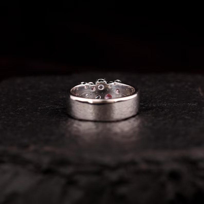 Antique Cluster Wedding Band, Pink Sapphire Round Engagement Ring, Scattered Stackable Band, Flush Set Wide Band| WOKE