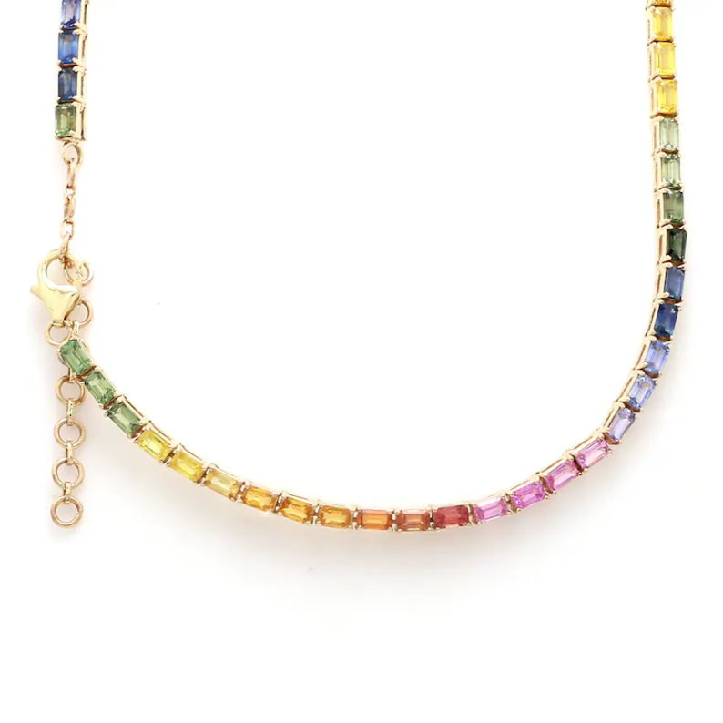 Rainbow sapphire emerald cut tennis necklace | WOKE