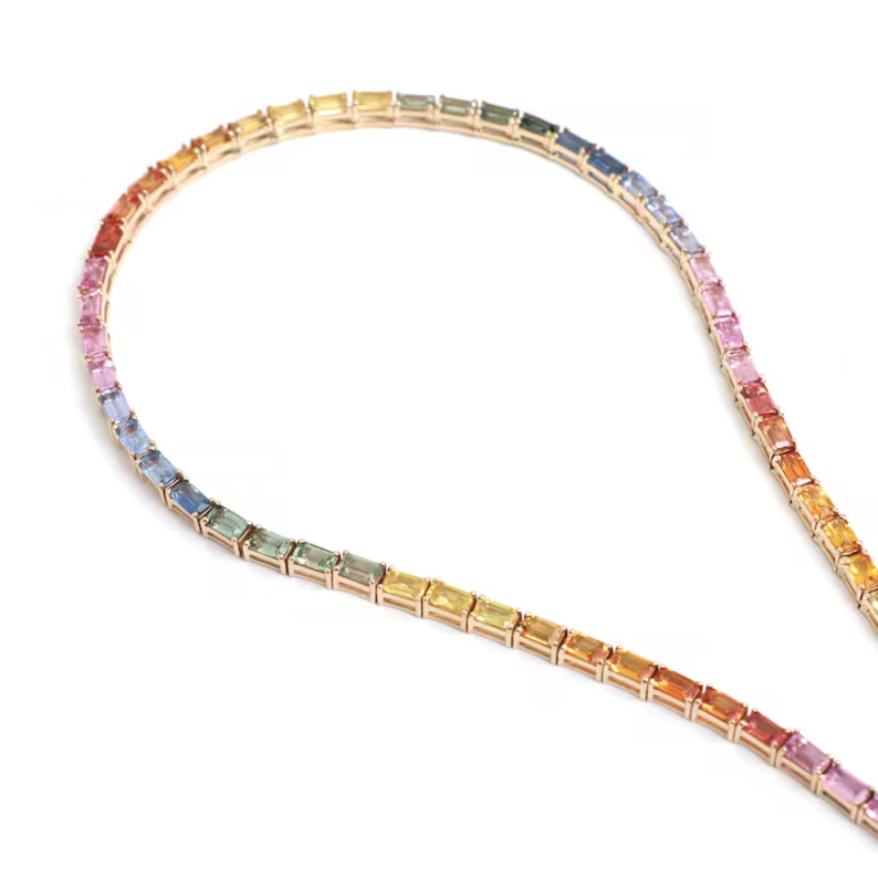 Rainbow sapphire emerald cut tennis necklace | WOKE