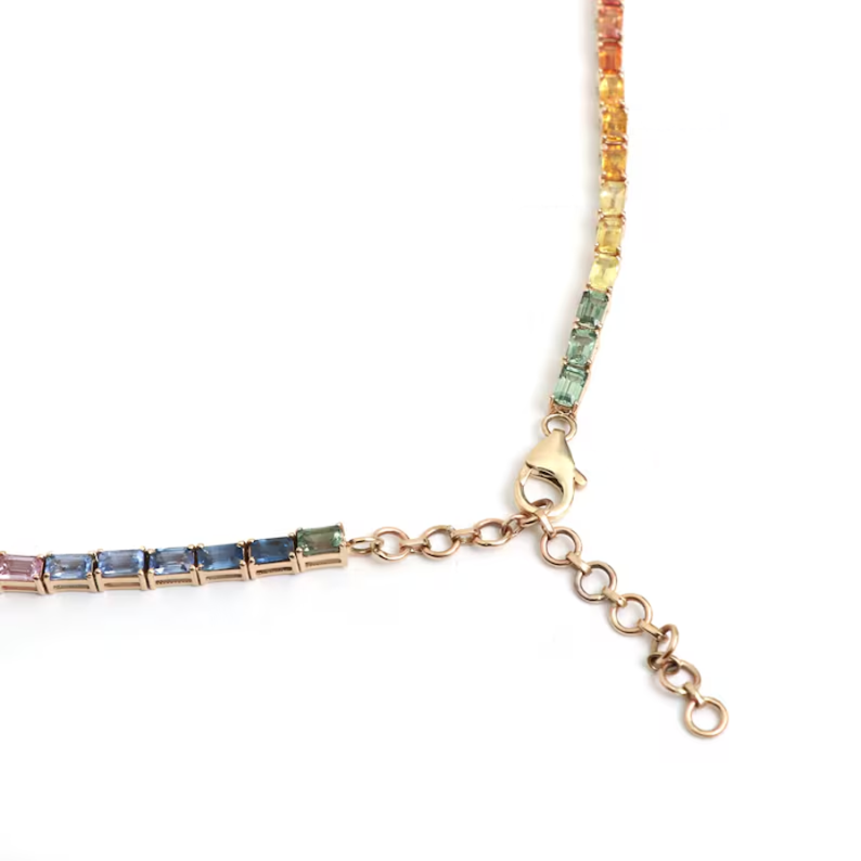 Rainbow sapphire emerald cut tennis necklace | WOKE